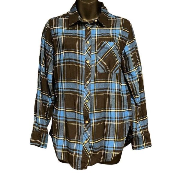 Arizona Jean Company Blue Yellow Black Plaid Flannel Women’s Small - Picture 1 of 4